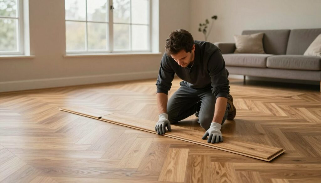 A beautifully arranged interior scene showcasing a professional flooring installer carefully laying floating parquet flooring in a modern living room. In the foreground, the installer, dressed in smart attire with safety gloves, is kneeling on the ground, aligning the wooden planks with precision. The middle of the room features an elegant, partially completed parquet pattern, highlighting the texture and natural wood grain of the planks. In the background, large windows let in soft, warm natural light, illuminating the subtle colors of the walls and stylish furniture that create a cozy atmosphere. The image captures a sense of dedication and craftsmanship, ideal for discussing the factors influencing flooring installation prices. No text, watermarks, or additional distractions are present. Prix pose parquet flottant