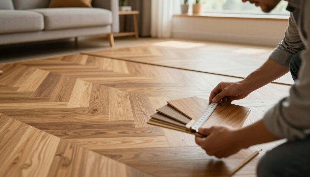 A beautifully arranged living room featuring a variety of wooden floor samples showcasing different styles and textures of parquet. In the foreground, a close-up of a hardwood floor installer examining samples, dressed in a smart casual outfit, carefully holding a tape measure. In the middle, display a stylish, luxurious parquet floor with different patterns and colors, such as herringbone and plank designs. The background features a modern interior design with warm lighting, highlighting the richness of the wood grains. A soft, inviting ambiance pervades, emphasizing the importance of quality materials in home flooring choices. The scene is captured with a warm color palette and a slight lens blur to focus on the intricate details of the parquet floor. prix pose parquet
