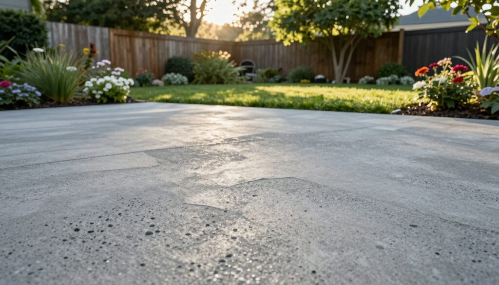 A beautifully arranged outdoor scene showcasing a surface of exposed aggregate concrete, highlighting its texture and unique stone patterns. In the foreground, a smooth, grayish surface glistens under soft morning light, with small pebbles and aggregates visibly embedded in the concrete. In the middle ground, a well-maintained garden with blooming flowers and neatly trimmed lawns blends harmoniously with the concrete area, suggesting a perfect space for outdoor gatherings. In the background, a subtle wooden fence provides a natural feel, framed by lush green trees, while soft sunlight filters through the leaves, creating an inviting atmosphere. The overall mood is calm and elegant, ideal for outdoor home projects. The scene should be captured from a slightly elevated angle to provide a comprehensive view of the layout. prix béton désactivé