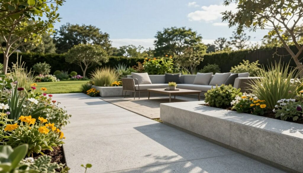A beautifully designed outdoor space featuring exposed aggregate concrete landscaping. In the foreground, a smooth, textured pathway of light gray exposed concrete curves gently through a lush garden, adorned with vibrant flowers and green shrubs. In the middle ground, a stylish outdoor seating area with modern furniture, all harmonizing with the concrete design, invites relaxation. The background showcases a well-maintained lawn and tall trees under a clear blue sky, creating a serene and inviting atmosphere. Soft, warm sunlight bathes the scene, casting gentle shadows that enhance the texture of the concrete. Capture this image from a slight angle to showcase the depth of the garden and the inviting layout, evoking a sense of tranquility and modern elegance in outdoor design. prix béton désactivé