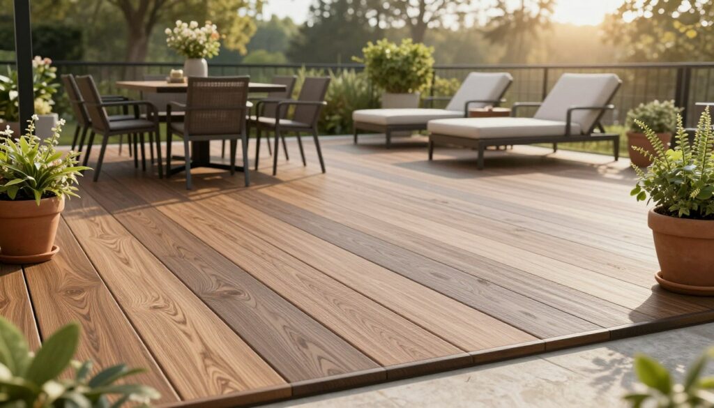A beautifully designed outdoor terrace featuring a modern resin surface, showcasing a range of colors and textures that highlight its durability and aesthetic appeal. In the foreground, a well-finished resin deck with clean lines and a smooth finish, surrounded by potted plants adding a touch of greenery. The middle ground includes comfortable outdoor furniture, like a sleek dining set and lounge chairs, inviting relaxation. The background features a softly blurred view of a peaceful garden or landscape, with sunlight filtering through trees, creating a warm, inviting atmosphere. The image is shot from a slightly elevated angle to capture the depth of the terrace space. The lighting is soft and natural, giving an inviting and serene feeling, perfect for illustrating the benefits of choosing resin for a terrace. Terrasse en résine prix au m2