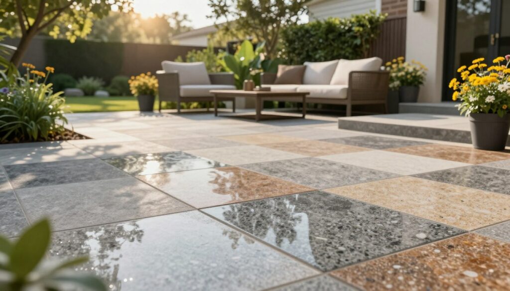 A beautifully designed resin terrace in a tranquil outdoor setting, showcasing various finishing options. In the foreground, display smooth resin pavers in an array of colors and textures, featuring subtle details like flecks of stone and a glossy finish. The middle ground includes a modern outdoor seating area with elegant furniture, surrounded by lush greenery and bright blooming flowers. In the background, a serene garden landscape with soft sunlight filtering through trees creates a warm atmosphere. Use soft natural lighting to enhance the colors and textures, emphasizing the versatility of resin as a terrace material. The angle should capture the depth and layout of the space, inviting viewers to envision the potential of their own resin terrace. Terrasse en résine prix au m2