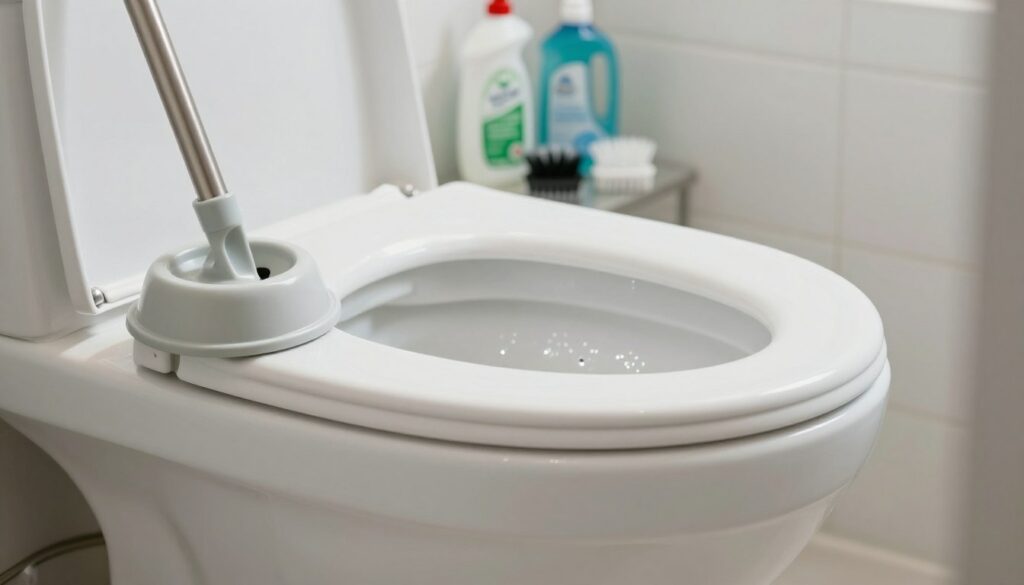 A clean, well-lit bathroom scene focused on a modern toilet, emphasizing the importance of toilet maintenance. In the foreground, a professional-looking plunger with a sleek design rests against the side of the toilet, highlighting its necessity in preventing clogs. The middle ground features a sparkling, pristine toilet bowl, accentuated by sparkling water and a subtle shine, symbolizing cleanliness and effective maintenance. In the background, neatly arranged cleaning supplies, such as eco-friendly cleaners and brushes, suggest a proactive approach to toilet care. Soft, natural light pours in through a frosted window, casting a gentle, inviting atmosphere. The overall mood is fresh and reassuring, encouraging readers to take preventive measures for their toilets. wc bouché