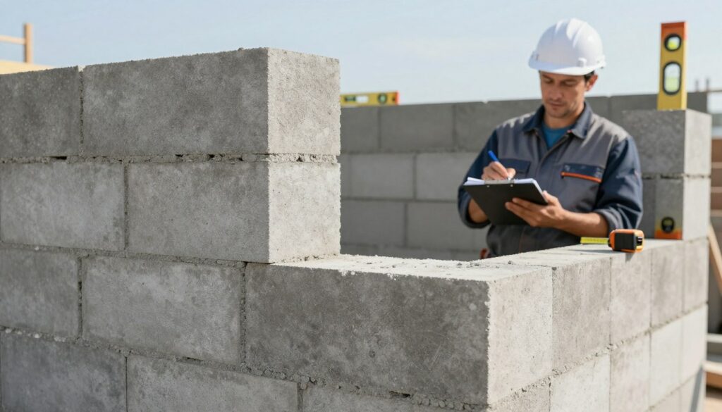 A close-up view of a finished cinder block wall, showcasing the texture and color variations of the blocks. The foreground features several stacked gray concrete blocks, emphasizing their sturdy construction. In the middle ground, an expert builder in professional attire surveys the wall, taking notes on pricing and materials, with a calculating expression. The background includes construction tools like a measuring tape and a level, with soft natural sunlight illuminating the scene, creating an inviting and professional atmosphere. The image captures the essence of evaluating a cinder block wall, highlighting elements that influence pricing, set against a clear blue sky. prix mur parpaing
