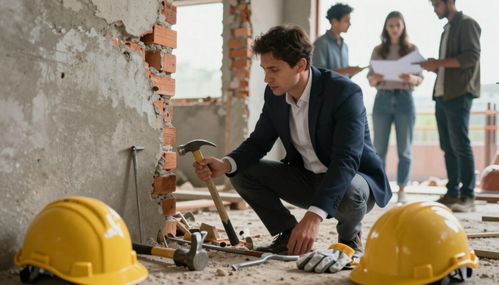 A construction site scene depicting a professional engineer in business attire assessing a partially demolished load-bearing wall. The foreground features tools such as a sledgehammer, crowbar, and safety equipment like hard hats and gloves, subtly emphasizing the costs associated with structural demolition. In the middle ground, the wall shows exposed brick and concrete, revealing the complexity of the structure. In the background, other workers in casual but modest clothing discuss plans and calculations, capturing the collaborative nature of the project. Natural light filters through an open window, creating a soft atmospheric glow, while the angle is slightly low to give emphasis to the wall and tools. The mood is focused and industrious, reflecting the seriousness and technicality of the demolition process. Casser un mur porteur