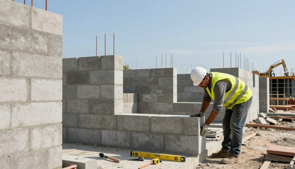 A construction site showcasing the method of building walls using concrete blocks. In the foreground, a skilled craftsman, dressed in a safety vest and hard hat, is carefully laying a block with precision. In the middle ground, partially constructed walls made of gray parpaings line the site, illustrating different stages of construction. Various tools—like a trowel, level, and measuring tape—are scattered nearby, emphasizing the technical nature of the task. The background reveals a bright, clear blue sky, with construction machinery visible at a distance, creating a dynamic and industrious atmosphere. Soft sunlight casts gentle shadows, adding depth to the scene, while the overall composition conveys a sense of professionalism and expertise in building with parpaings. prix mur parpaing