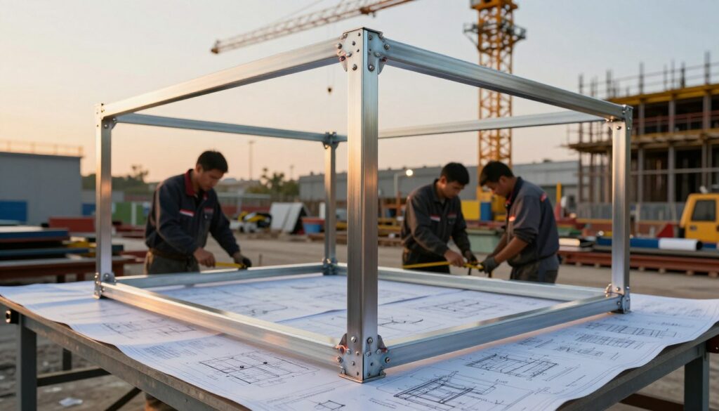 A custom metal frame structure stands prominently in the foreground, showcasing intricate welding details and a polished finish. The frame is partially covered with blueprints and design sketches, emphasizing the customization options available. In the middle ground, skilled workers in professional attire are engaged in assembling the framework, meticulously measuring and fitting the pieces together. The background features a construction site, with cranes and equipment illuminated by warm, golden hour lighting, creating a productive atmosphere. The overall mood is one of precision and creativity, highlighting the process of personalization in metal framing. The scene is captured with a slight low-angle perspective, adding a sense of grandeur to the structure. Tarifs de pose d'une charpente métallique