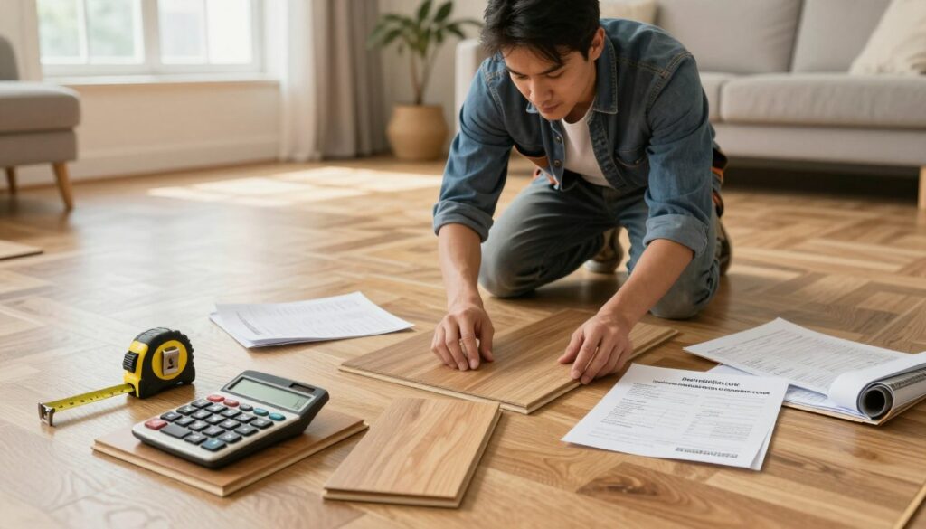 A detailed and visually engaging scene illustrating the concept of "flooring installation costs." In the foreground, a neatly organized toolset including a tape measure, a calculator, and wood samples is placed on a hardwood floor. In the middle ground, a professional contractor dressed in smart casual clothing inspects the flooring materials with a thoughtful expression, surrounded by a few scattered invoices and installation materials. The background features a well-lit, modern living room with a cozy atmosphere, showcasing a beautiful parquet floor. Soft, natural lighting from a nearby window enhances the warmth of the wood tones, creating an inviting mood. The camera angle is slightly elevated, capturing both the contractor’s focused expression and the inviting space around them. prix pose parquet