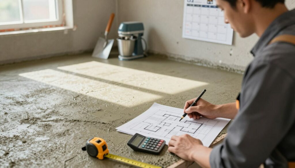 A detailed architectural scene illustrating the concept of average pricing per square meter for dry screed (chape sèche). In the foreground, a professional contractor stands next to a measuring tape and a calculator, analyzing a floor plan with precise measurements. The middle ground showcases a partially laid dry screed floor, highlighting the texture and color of the materials. Behind, there are construction tools like trowels and mixers, and a wall calendar indicating project timelines, subtly hinting at the planning involved. Natural light streams in from a nearby window, creating a warm and inviting atmosphere, with soft shadows that evoke a sense of professionalism and focus. The overall mood is one of diligence and attention to detail in a construction setting. Chape sèche prix m2