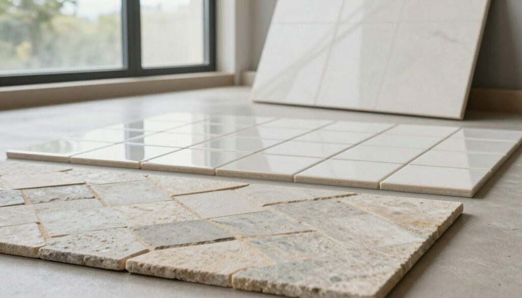 A detailed composition showcasing various types of tile installation techniques in a well-lit, modern interior space. In the foreground, display a close-up of a beautiful herringbone pattern, crafted from natural stone tiles. In the middle ground, present a grid layout with glossy ceramic tiles, meticulously aligned to demonstrate precision. In the background, include a diagonal installation of large format tiles, highlighting a contemporary aesthetic. The setting should have natural light coming from a large window, creating soft shadows and adding depth. The mood is professional and instructional, ideal for showcasing practical applications of different tiling styles in real-world settings. Prix pose carrelage m2 sans fourniture