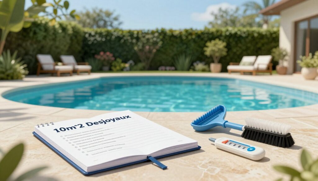 A detailed illustration of an elegant pool maintenance guide for a 10m2 Desjoyaux pool, with a focus on the additional costs involved. In the foreground, a professional-looking notebook and a set of tools like a skimmer, pool brush, and pH test kit lie on a smooth stone surface, symbolizing maintenance tasks. The middle ground features a serene pool with crystal-clear water, surrounded by lush greenery and stylish patio furniture. In the background, a well-maintained garden and a clear blue sky enhance the tranquil atmosphere. Use soft, natural lighting to create a warm, inviting feel. The image should evoke a sense of professionalism and ease in pool care, perfect for an informative article about pool installation and associated costs. Prix piscine 10m2 Des joyaux