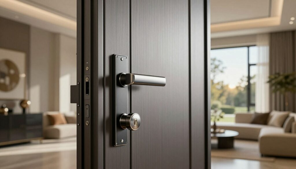 A detailed, modern armored door displayed prominently in the foreground, showcasing its robust construction and high-security features. The door should have a sleek, metallic finish with intricate lock mechanisms and a polished handle, reflecting a blend of sophistication and strength. In the middle ground, a stylish home interior can be seen, conveying an upscale living environment, with soft lighting illuminating the space. The background features a sunny outdoor scene through a large window, bringing warmth to the image. The overall atmosphere should evoke a sense of security and luxury, hinting at the investment value of reinforced doors. Use soft focus for the background to emphasize the door as the focal point, captured with a slightly angled perspective to enhance depth. Estimation des tarifs des portes blindées en 2026