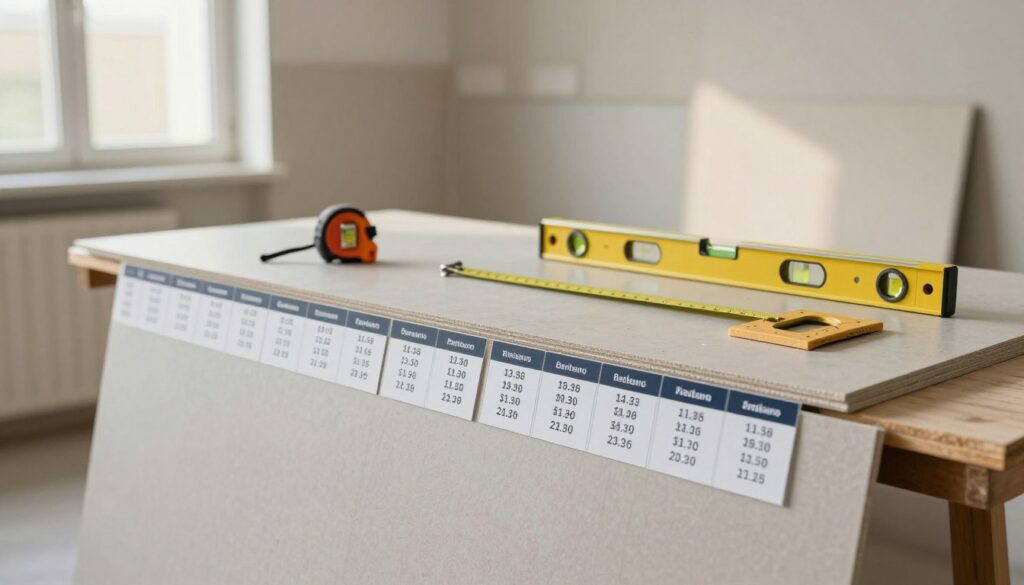 A detailed, professional setting showcasing average prices for plasterboard installation in Belgium. In the foreground, a neatly arranged display of plasterboard sheets labeled with clear price tags in euros per square meter. In the middle ground, a well-organized workspace featuring tools like a measuring tape, a level, and a square, all in a clean, modern environment. The background includes a softly lit room with partially completed walls, emphasizing the application of plasterboard. Warm, natural lighting filters through a nearby window, creating a welcoming atmosphere. The angle captures both the workspace and the plasterboard display, aiming to convey a sense of professionalism and clarity regarding average pricing trends in 2026. prix placo m2