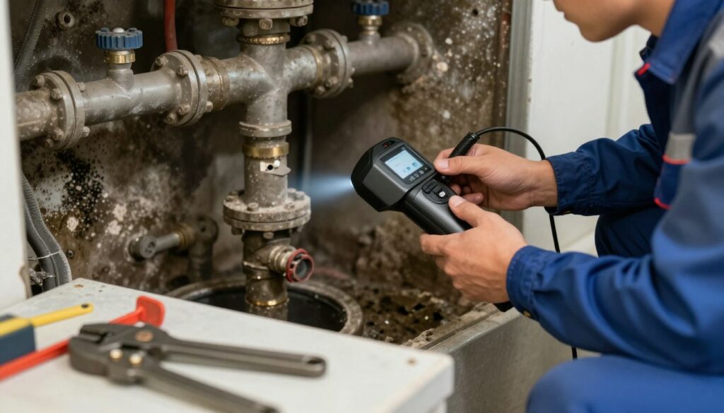 A detailed scene of a professional plumbing technician, wearing clean work attire, inspecting a clogged sewer pipe. In the foreground, tools like a pipe wrench and a camera for inspection rest on a workbench. In the middle ground, the technician is using a high-tech drain inspection camera to check the condition of the pipe, pointing towards signs of buildup and blockages. The surrounding area shows a dimly lit sewer environment with pipes and valves, highlighting the need for cleaning. The background features accumulated grime on the pipe walls, creating a realistic sense of urgency. Soft, focused lighting enhances the scene's serious yet informative atmosphere, capturing the essence of a maintenance scenario. curage de canalisation