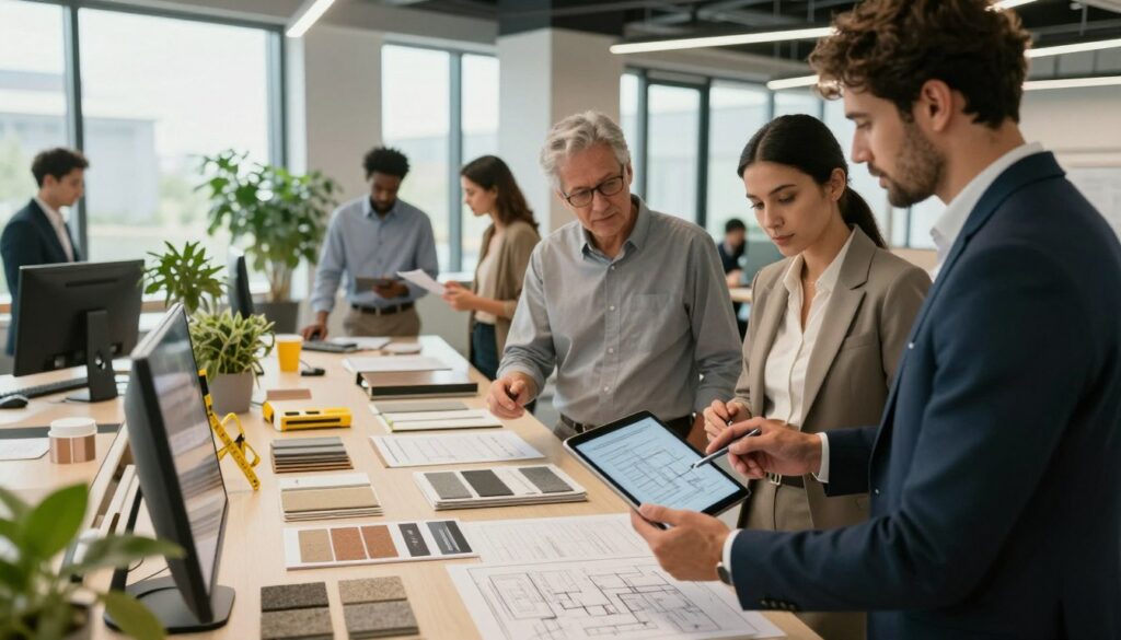A modern business office environment showcasing a professional atmosphere focused on dry screed services. In the foreground, a diverse group of professionals, dressed in business attire, are engaged in conversation while reviewing plans on a tablet. In the middle ground, display a sleek workstation cluttered with samples of different dry screed materials, measuring tools, and brochures. The background features large windows with natural light flooding in, illuminating a modern office space adorned with potted plants and minimalistic design elements. The overall mood is collaborative and industrious, with warm lighting to create an inviting ambiance. The camera angle is slightly tilted for a dynamic perspective, focusing on the engaging interaction among the professionals. Chape sèche prix m2