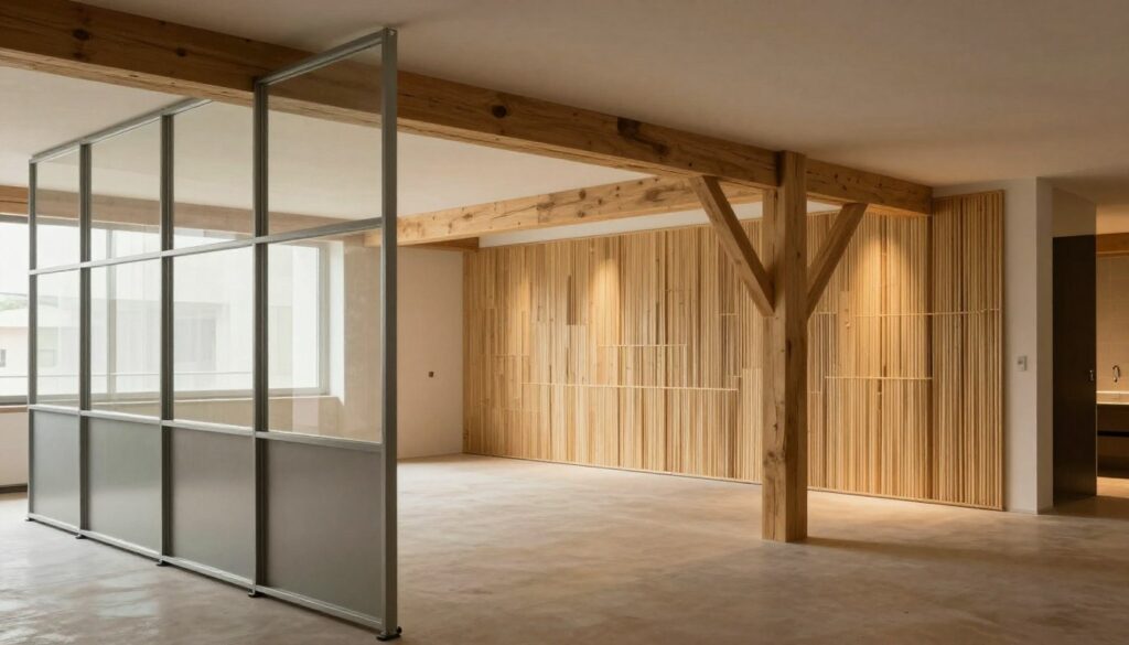 A modern interior design scene showcasing alternative solutions for load-bearing walls. In the foreground, a close-up of a stylish, modular partition system made of glass and metal, allowing for natural light to flow through. The middle ground features a beautifully designed open space with a combination of a wooden beam structure and innovative support columns, demonstrating the integration of aesthetic and structural elements. The background reveals a partially constructed wall with sustainable materials like bamboo and drywall, highlighting eco-friendly construction methods. Soft, ambient lighting enhances the atmosphere, creating a warm and inviting space. The angle is slightly elevated, giving a comprehensive view of the innovative designs. The overall mood should inspire creativity and modern architecture while maintaining a professional aesthetic. Casser un mur porteur