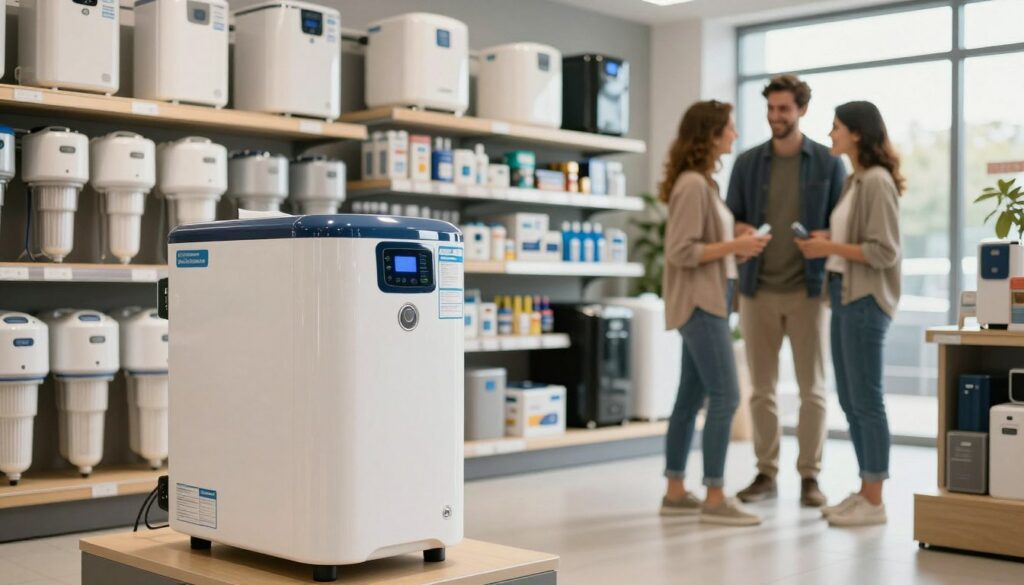 A picturesque scene showcasing a modern, well-organized water softener store in Belgium. In the foreground, a shiny, state-of-the-art water softener unit displayed prominently, with labels highlighting its features and benefits. In the middle ground, shelves filled with various models of water softeners and relevant accessories like filters and installation kits, all neatly arranged. The background features a friendly salesperson in smart casual attire, assisting a couple who is considering their options. Warm, natural lighting filters through large windows, creating an inviting atmosphere. The overall mood is informative and engaging, ideal for showcasing the right place to purchase water softeners in Belgium. The angle is slightly elevated, capturing the entire scene harmoniously without any text or distractions. choisir un adoucisseur d'eau prix