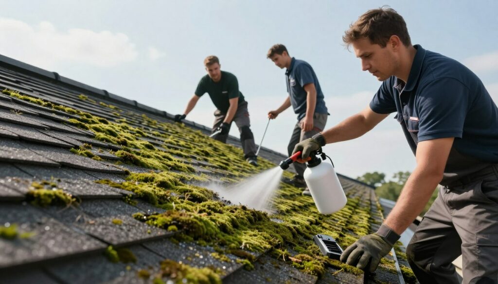 A professional and modern roofing service in action, focusing on a team of workers in smart, casual uniforms carefully applying a moss removal treatment on a sloped roof. In the foreground, one worker sprays a solution on the roof while another inspects the area, showing professionalism and attention to detail. The middle ground features the building's structure, highlighting the shingles and the vibrant green moss being targeted. In the background, a clear blue sky complements the scene, enhancing the feeling of a bright, productive day. Soft, natural lighting illuminates the scene, creating an inviting and efficient atmosphere, captured from a slightly lower angle to emphasize the workers' diligence and the roof's condition. Tarif Démoussage toiture