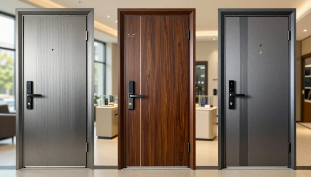 A professional comparison of armored doors, featuring a side-by-side layout of three distinct brands with their unique designs. The foreground highlights the textured surfaces of the doors, showcasing security features like reinforced locks and biometric scanners. In the middle ground, a sleek, modern showroom environment with well-lit display stands creates an inviting atmosphere. The background features soft, natural lighting filtering through large windows, adding warmth to the scene. A subtle emphasis on different colors and materials—such as steel, wood finish, and modern glass accents—fuels interest in brand uniqueness. The overall mood is informative and polished, perfect for an article discussing the latest in home security solutions. Comparaison des marques de portes blindées