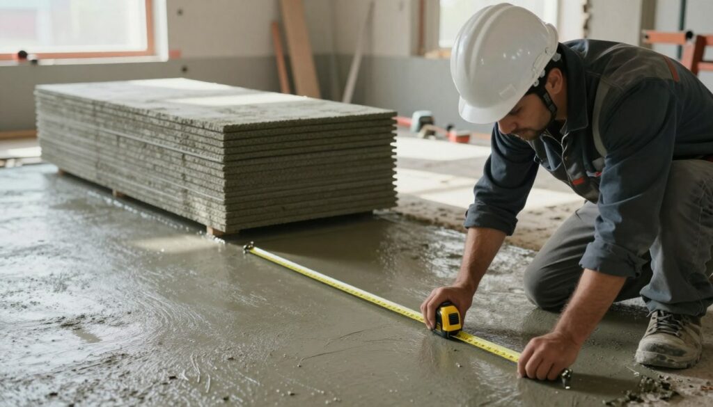 A professional construction site showcasing "dry screed" being measured for pricing per square meter. In the foreground, a skilled worker in a hard hat and safety gear is carefully laying out a measuring tape on a smooth, finished dry screed surface, demonstrating precision. In the middle ground, stacks of dry screed panels are neatly arranged to the side, highlighting their texture and material. The background features construction tools and a partially finished room, providing context to the project. Natural light filters in through large windows, casting soft shadows, aiding in a calm, focused atmosphere. The overall mood is industrious and informative, emphasizing the importance of cost factors in construction projects. Chape sèche prix m2