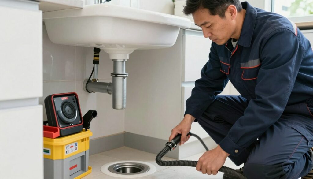 A professional drain cleaning service scene in a modern residential setting. In the foreground, a technician dressed in smart work attire operates a plumbing snake, carefully focused on a partially visible sink or drain. The technician is a middle-aged person with a determined expression, gender-neutral, showcasing expertise. In the middle ground, tools and equipment like a drainage camera and maintenance gear are organized efficiently. The background reveals a clean, well-lit kitchen with subtle details like tiles and fixtures, reflecting a sense of professionalism and care. Natural daylight filters through a window, creating a bright and inviting atmosphere. The overall mood conveys reliability and urgency, emphasizing the importance of seeking professional help for drainage issues. déboucher une canalisation