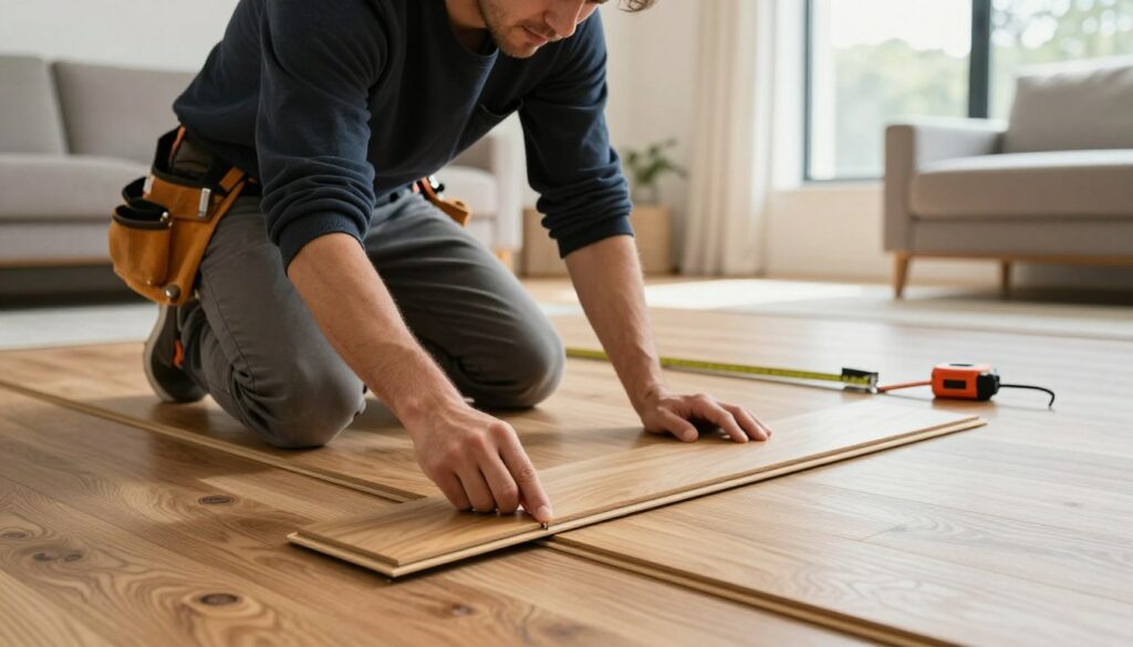 A professional hardwood floor installer, dressed in a smart, casual outfit with a tool belt, is kneeling on the ground, carefully laying down floating parquet flooring in a well-lit, modern living room. In the foreground, showcase a close-up of the hands expertly aligning a plank. In the middle ground, the installer’s focused expression conveys dedication, while nearby tools like a saw and measuring tape are neatly arranged. In the background, the bright, airy space is accented with natural light streaming through a large window, illuminating the rich textures of the wooden floor and minimalist furniture. The atmosphere is one of professionalism and warmth, emphasizing the importance of careful installation for a successful project. Conseils pour une installation réussie