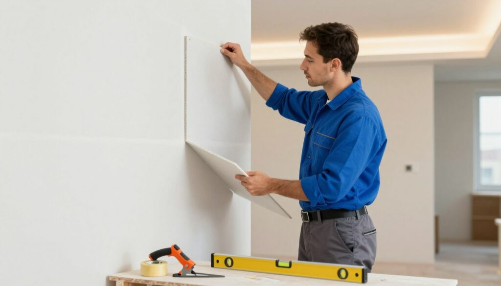 A professional male contractor in a crisp, blue work shirt and gray trousers, focused on a drywall installation task. He stands confidently, holding a drywall panel against a pristine white wall. In the foreground, tools like a drywall saw, tape measure, and level are neatly arranged on the floor. The middle ground features partially completed drywall sections, with joints and seams meticulously taped. The background shows a well-lit, modern room with a soft, warm glow from overhead lighting, enhancing a sense of meticulous craftsmanship. The atmosphere is focused and professional, with an emphasis on attention to detail and quality work. The composition captures a sense of expertise and assurance in the trade of drywall installation. Prix pose placo