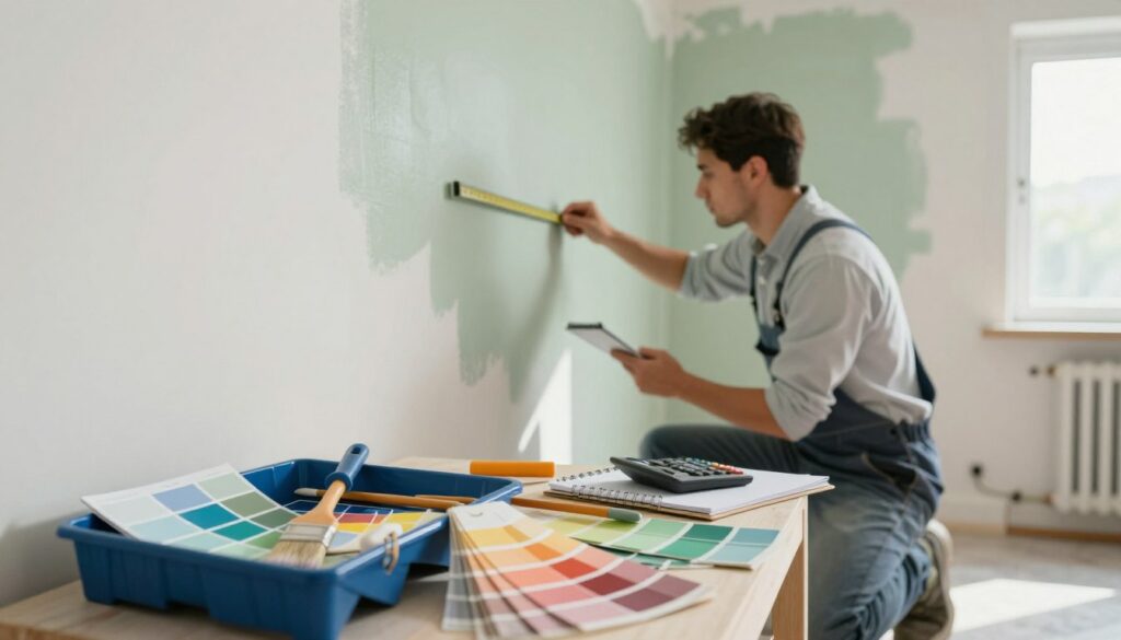 A professional painter in smart casual attire carefully measuring a wall for painting. The foreground features an open color palette with various paint samples, brushes, and a rolling tray, showcasing a vibrant array of colors. In the middle ground, the painter is focusing on calculating the area to be painted, with a notepad and calculator nearby. The background shows a partly painted wall, highlighting contrasting colors of freshly applied paint. Soft natural light streams through a window, casting gentle shadows and creating a calm atmosphere. The image captures a sense of professionalism and precision, ideal for illustrating paint pricing and estimation. Prix de la Pose de Peinture au m²