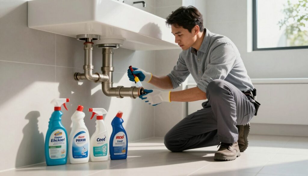 A professional plumber, dressed in business casual attire, is inspecting a section of exposed plumbing pipes in a modern, well-lit bathroom. The foreground showcases a variety of everyday cleaning products specifically designed for maintaining drainage systems, elegantly arranged near the plumber. In the middle ground, the plumber, equipped with gloves and tools, is carefully examining the pipes for signs of debris and obstructions. The background features a sleek, minimalistic bathroom, with sunlight streaming through a window, casting soft shadows and highlighting the details of the pipes and cleaning materials. The mood is focused and professional, emphasizing the importance of preventative maintenance to avoid plumbing issues. entretenir mes canalisations