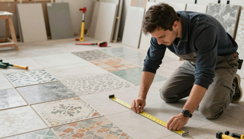 A professional setting showcasing a tile installation area in Belgium, highlighting the concept of "tarif pose carrelage au mètre carré". In the foreground, a skilled tiler in a smart casual outfit is carefully measuring and laying tiles on a floor, displaying precision and focus. The middle section features a close-up of different types of tiles, showing various colors and patterns, illustrating options available in different Belgian regions. In the background, a construction site ambiance with tools and materials neatly organized, with soft lighting creating a warm and inviting atmosphere. The composition is shot from a slightly elevated angle, emphasizing the craftsmanship and professional environment, evoking a sense of expertise and regional diversity in tile installation pricing. Prix pose carrelage m2 sans fourniture
