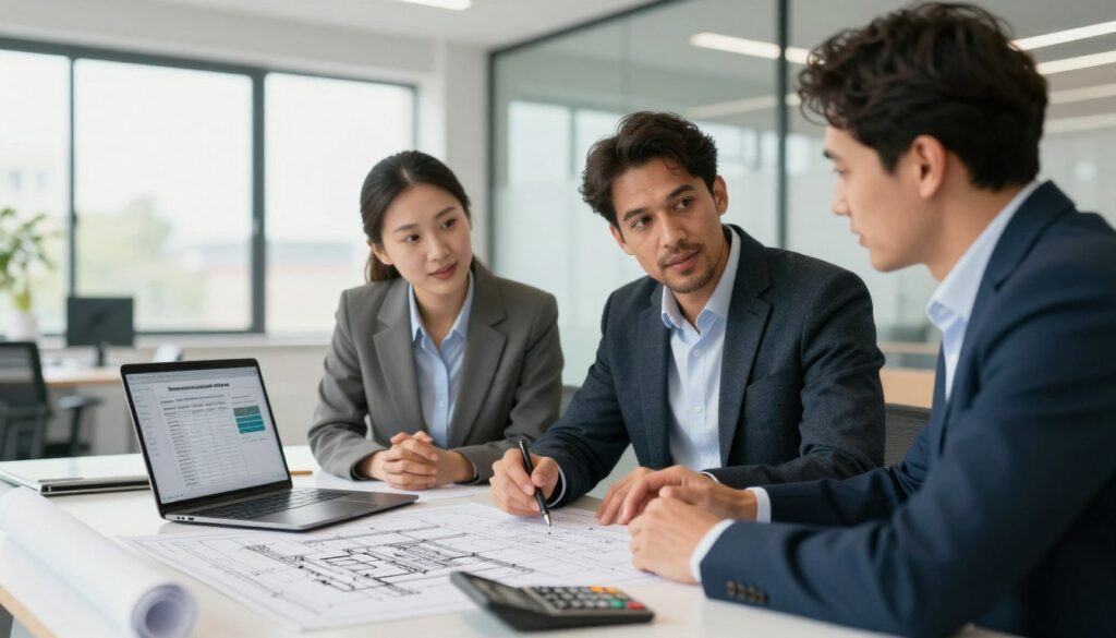 A professional setting showcasing financial aid for construction in Belgium. In the foreground, a diverse group of three professionals, dressed in business attire, engage in discussion over plans and a laptop displaying financial documents. In the middle ground, a detailed construction blueprint and a calculator sit on a table, symbolizing project planning. In the background, a modern office space with large windows allows natural light to flood in, creating a bright and optimistic atmosphere. Soft shadows enhance the three-dimensional aspect of the scene, while a slight depth of field blurs the background slightly, emphasizing the foreground activity. The overall mood is collaborative and focused, reflecting the support available for construction projects. Aides et subventions disponibles