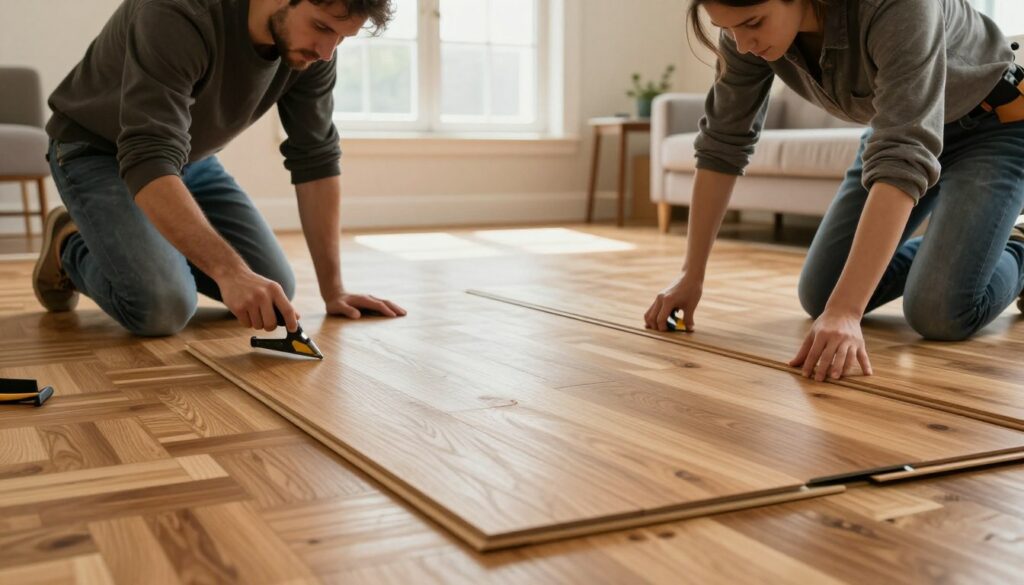 A professional team installing hardwood flooring in a cozy, well-lit living room. In the foreground, two skilled workers, a man and a woman, are carefully laying down elegant wooden planks with precision tools, wearing smart, casual work attire. The middle ground features a nearly completed floor, showcasing the beautiful grain and finish of the parquet. The background includes a bright window allowing natural light to flood in, highlighting the warmth of the wood. Low-angle perspective to create depth, with soft shadows enhancing the natural tones. The atmosphere is focused and professional, emphasizing craftsmanship and attention to detail in a home setting. prix pose parquet
