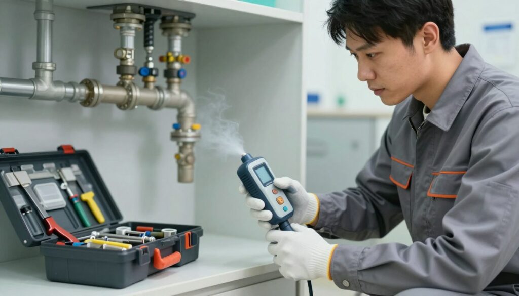 A professional technician in a clean, modern plumbing environment, wearing a neat uniform and gloves, assessing a closed drainpipe with a high-tech odor detection device. In the foreground, emphasize the technician's focused expression as they investigate the source of unpleasant odors. The middle ground features an array of plumbing tools and an open toolbox for a professional touch. In the background, a well-lit utility room with pipes and ventilation systems is visible, highlighting the setting's cleanliness and efficiency. Soft, diffused lighting creates a calm and industrious atmosphere, while a slight depth of field blurs the background slightly, directing attention to the technician's expertise. No text or logos are present in the image. stopper les odeurs dans les canalisations