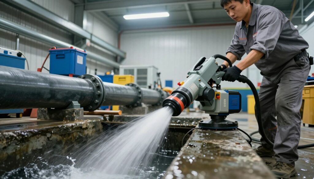 A professional technician in clean, modest attire is actively engaged in a sewage pipe cleaning process. In the foreground, the technician operates modern, high-tech equipment, such as a hydraulic jetting system, to clear a clogged pipe, showcasing powerful jets of water being directed into the pipe. The middle ground reveals a partially exposed, robust wastewater pipeline surrounded by tools and equipment, emphasizing the complexity and importance of pipeline maintenance. In the background, a well-lit industrial setting, with bright overhead fluorescent lights, enhances the focus on the task at hand. The atmosphere conveys a sense of seriousness and competency, showcasing the technical aspects of canal cleaning with clarity and precision. The image is shot from a low angle, providing a dynamic perspective of the technician at work. curage de canalisation