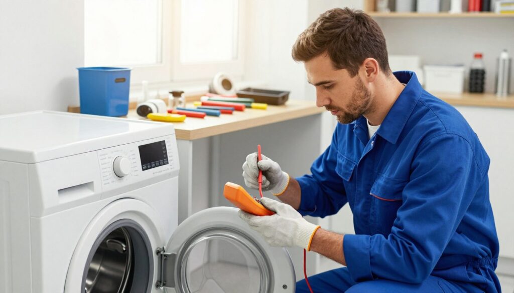 A professional washing machine repair technician in the foreground, wearing a neat blue work uniform and safety gloves, is examining a washing machine in a modern, well-lit laundry room. The technician is focused, using a multimeter and tools, showing expertise and diligence. In the middle ground, there are neatly arranged spare parts and tools on a workbench, indicating a well-organized workspace. In the background, light filters through a window, illuminating the laundry room with a warm glow, enhancing a sense of professionalism. The overall atmosphere is one of efficiency and reliability, capturing the essence of recommended repair services in Belgium. The image is crisp with vibrant colors, shot from a slightly elevated angle to provide a comprehensive view of the scene. Tarif réparation lave-linge