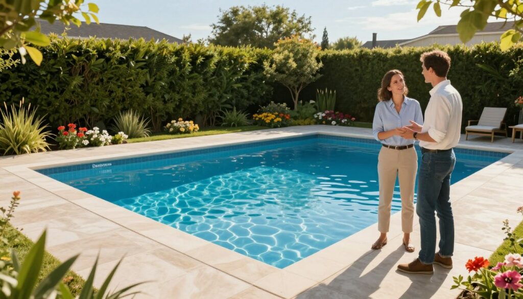 A serene backyard setting showcasing a beautifully installed Desjoyaux pool, approximately 10m², surrounded by elegant landscaping. In the foreground, two professional individuals in smart casual attire are engaged in deep conversation, enthusiastically discussing their positive experiences with the pool. The middle ground features the sparkling blue water of the pool reflecting sunlight, with smooth tiles and an inviting entryway. Lush greenery surrounds the pool, including colorful flowers and well-maintained hedges. In the background, a clear blue sky adds brightness to the scene. The lighting is warm and natural, creating a relaxed and inviting atmosphere, perfect for showcasing customer satisfaction with Desjoyaux pools. Use a slight angle to give depth to the composition without any text or logos present. Prix piscine 10m2 Des joyaux
