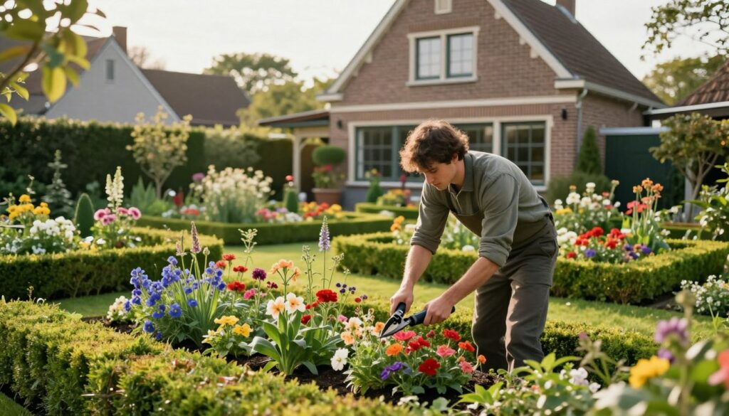 A serene garden scene showcasing professional gardening services in action. In the foreground, a skilled gardener, dressed in modest casual clothing, is carefully pruning vibrant flowering plants, surrounded by lush greenery. The middle ground features a diverse array of colorful flowers, neatly trimmed hedges, and well-defined flower beds, reflecting meticulous care and attention to detail. In the background, a quaint Belgian house with a charming facade and large windows overlooks the garden, enhancing the sense of homeliness. The lighting is warm and inviting, suggesting a late afternoon sun casting soft shadows. Capture this peaceful atmosphere to evoke a sense of professional dedication and community satisfaction in gardening services. Travaux jardinage impots