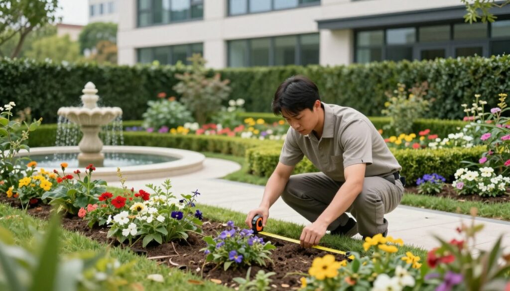 A serene outdoor scene showcasing a neatly landscaped garden, highlighting various elements of garden maintenance and fiscal considerations. In the foreground, a professional-looking landscape gardener wearing a modest outfit carefully measures a flower bed with a tape measure, confident and focused. The middle ground features a well-maintained garden with colorful flowers, trimmed hedges, and a small decorative fountain, symbolizing the beauty of well-planned outdoor projects. In the background, a modern office building blends with nature, symbolizing the intersection of tax regulations and outdoor work. Soft, natural lighting enhances the vibrancy of the colors, while a slight lens blur on the edges draws attention to the gardener's activity. The atmosphere conveys a sense of professionalism and clarity in understanding local fiscal regulations. Travaux jardinage impots