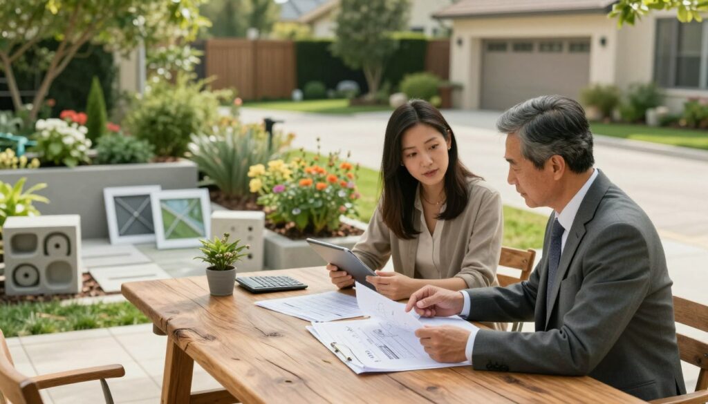 A serene outdoor setting illustrating a financial aid consultation for landscaping projects. In the foreground, a professional in business attire, a middle-aged man, reviews blueprints and financial documents at a rustic wooden table. Beside him, a woman in modest casual clothing, holding a tablet, discusses financing options. In the middle ground, various landscaping samples, including decorative concrete blocks and plants, are displayed artfully. The background features a lush garden with flowering plants and a peaceful driveway, highlighting the theme of home improvement. Soft, natural sunlight bathes the scene, creating a warm and inviting atmosphere. Utilize a wide-angle lens to capture depth, ensuring the focus is on the consultation while also showcasing the beauty of the surroundings. prix béton désactivé