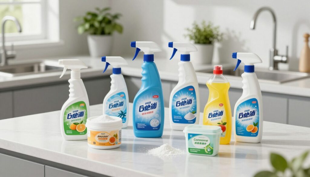 A visually appealing display of chemical products for eliminating odors in drains, arranged on a clean, modern kitchen countertop. In the foreground, several different bottles and containers showcase colorful labels featuring vibrant graphics of ingredients like citrus and enzymes. The middle ground includes a stylish sprayer and a compact package of powder, emphasizing effectiveness. The background features a sleek, stainless-steel sink with gleaming fixtures and potted herbs for a fresh touch. Soft, natural lighting filters through a nearby window, casting gentle shadows that create a welcoming atmosphere. The overall mood is clean and inviting, reflecting a sense of freshness and reliability, perfect for addressing household concerns related to unpleasant odors. stopper les odeurs dans les canalisations