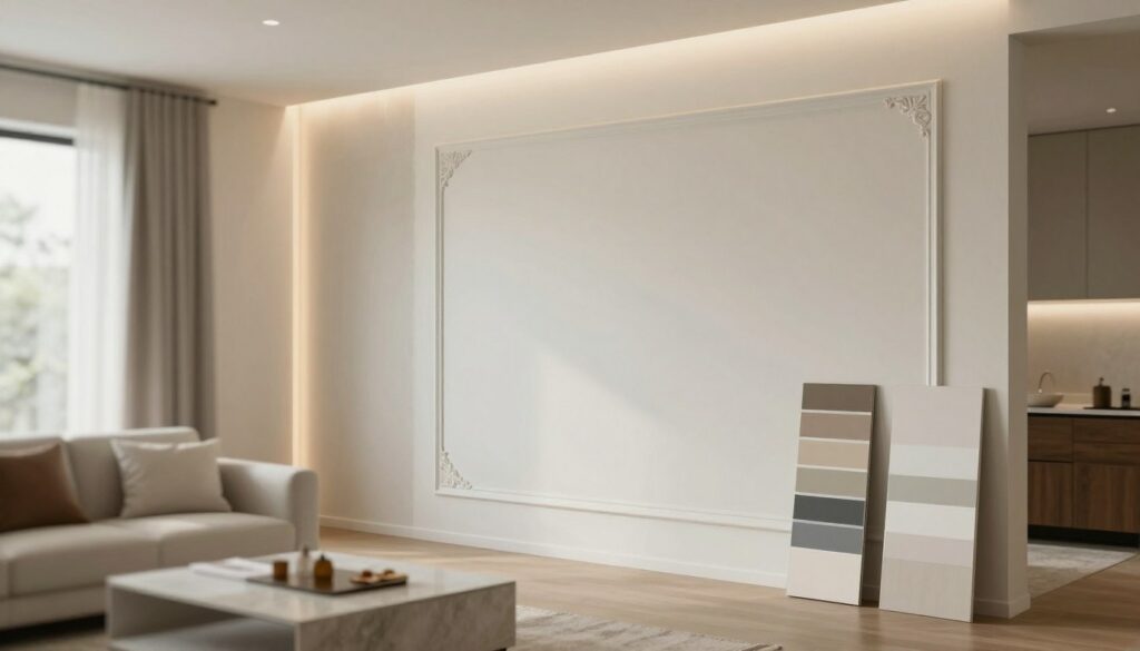 A visually appealing interior space showcasing various finishing options after drywall installation. In the foreground, a stylish, modern living room setup featuring elegantly finished drywall with different textures – smooth, textured, and painted. In the middle, display a sample wall with a pristine finish, highlighting options like decorative molding and paint swatches on a color palette. In the background, softly lit ambient lighting creates a warm atmosphere, with natural light streaming through a window, enhancing the textures and colors. The overall mood is professional and inviting, ideal for showcasing finishing choices in home interiors. Capture this scene from a slightly elevated angle to provide depth. Prix pose placo
