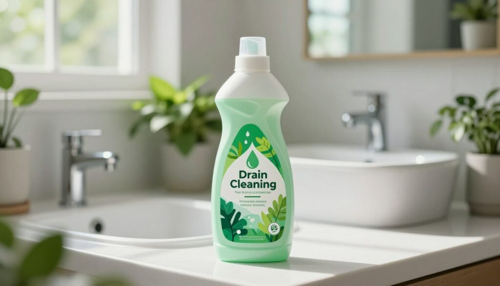 A visually striking depiction of an environmentally-friendly drain cleaning product, prominently displayed in the foreground. The bottle is sleek and modern, featuring a vibrant color palette with nature-inspired graphics like leaves and water droplets. Surrounding the product, a clean and uncluttered bathroom sink setting is illuminated by soft, natural lighting that streams in from a nearby window, casting gentle shadows. In the background, lush green plants symbolize a connection to nature and reinforce the eco-friendly message. The overall atmosphere is fresh and serene, emphasizing the importance of using safe, non-toxic drain cleaning solutions. The composition should have a shallow depth of field to focus on the product while softly blurring the background, creating a harmonious and inviting scene. déboucher une canalisation
