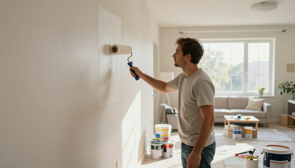 A well-lit interior scene showcasing a beautifully painted wall in a modern home. In the foreground, a professional painter in modest casual clothing meticulously applying paint with a roller, showcasing attention to detail. The middle ground features a partially peeled wallpaper, stacked tools, and cans of different paint colors, representing the additional costs of finishing touches. In the background, a spacious and well-furnished room with natural light filtering in through large windows, highlighting the texture and color of the painted surfaces. The overall mood is focused and industrious, emphasizing the care and precision involved in interior painting costs per square meter. Soft shadows cast across the room add depth to the scene. Prix de la Pose de Peinture au m²