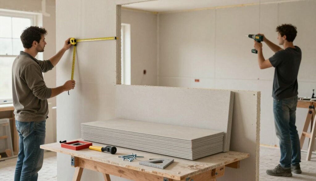A well-lit interior scene showcasing the installation process of plasterboard (placo). In the foreground, a professional contractor in modest casual clothing measures a wall with a tape measure, while another contractor, also in casual attire, is securing plasterboard panels using a power drill. The middle layer features freshly cut plasterboard sheets stacked neatly against a wall, with various tools like a square, knifing tools, and screws arranged on a workbench. The background reveals a partially completed room, with framed walls and bare studs, emphasizing the construction theme. Soft, natural lighting filters in through a window, creating an inviting atmosphere, while a slight depth of field keeps the focus on the installation activities, suggesting a sense of diligence and professionalism in the work being performed. Prix pose placo
