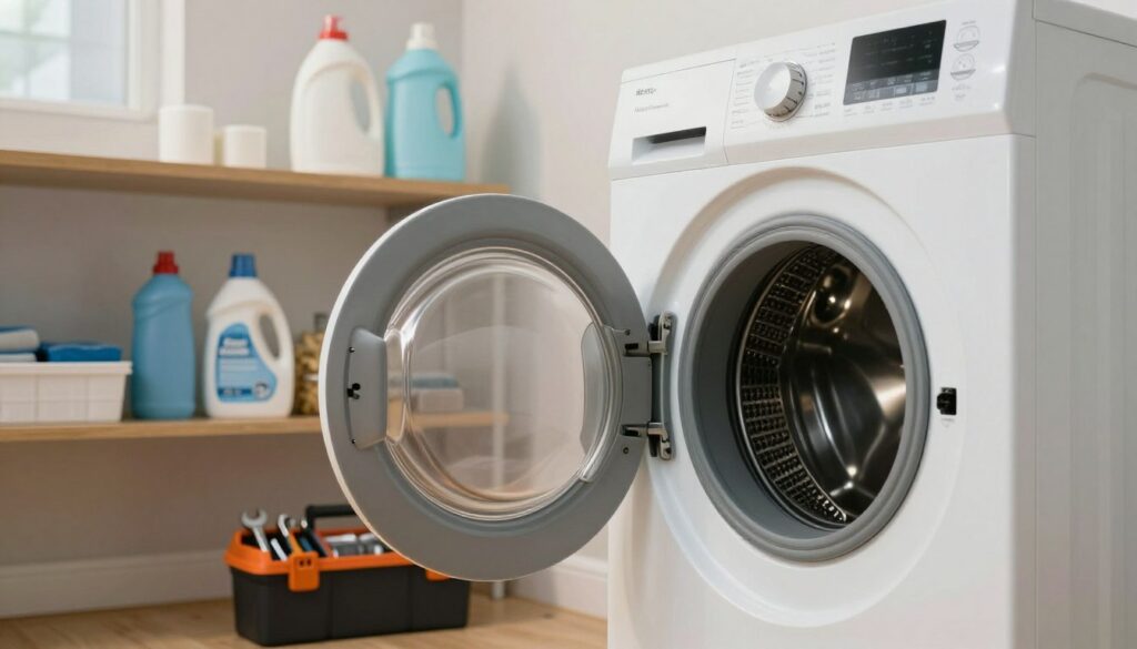 A well-lit, modern laundry room featuring a broken washing machine at the forefront, showcasing a detailed view of its open door and various internal components. The middle ground includes a toolbox with tools like wrenches and screwdrivers, suggesting repair work in progress. In the background, shelves are lined with various laundry supplies, such as detergent bottles and fabric softeners, adding context to the setting. Soft, warm lighting bathes the room, creating an inviting atmosphere. The angle is slightly low, capturing the washing machine's intricate design, with a focus on the various factors influencing repair costs, such as parts and labor. Overall, the mood is professional yet approachable, setting the stage for a discussion on appliance repair pricing factors. Tarif réparation lave-linge
