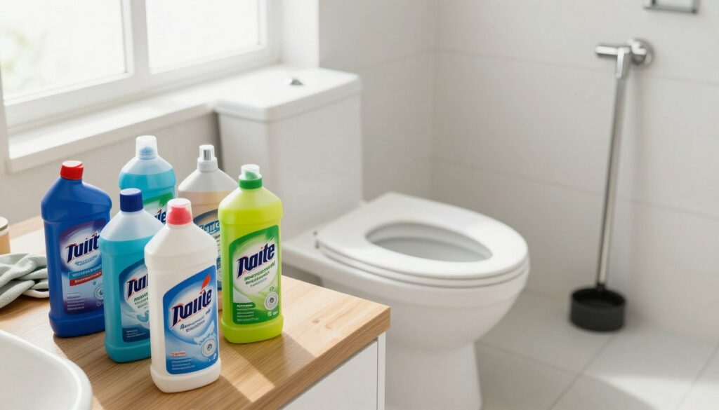 A well-organized bathroom scene focused on a modern toilet, with various chemical drain cleaners displayed prominently on a clean, wooden countertop. In the foreground, bottles of different sizes and colorful labels (like bright blue, green, and yellow) are artistically arranged, showcasing popular brands. The middle ground features the toilet, gleaming white and porcelain, with a plunger and a pair of rubber gloves nearby, suggesting readiness for action. The background reveals a tidy, softly lit bathroom, with natural light streaming through a frosted window, creating a clean and inviting atmosphere. The mood is professional and informative, ideal for an article about effective toilet unclogging solutions. Use a slightly overhead angle for a comprehensive view that emphasizes the products and the workspace. Les produits chimiques disponibles sur le marché