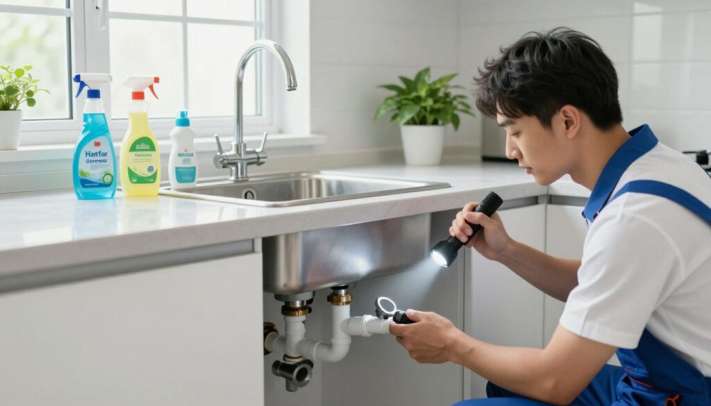 A well-organized modern kitchen scene highlighting preventative maintenance for plumbing. In the foreground, a professional technician in a neat uniform inspects under the sink, holding a flashlight to examine the pipes, revealing a clean and unclogged drainage system. In the middle, various eco-friendly cleaning products are neatly arranged on a countertop, including natural degreasers and baking soda, emphasizing safe maintenance. Bright, natural light filters through a window, illuminating the pristine environment and creating a fresh, clean atmosphere. The background features a tidy kitchen with polished cabinets and potted plants, enhancing the sense of order and cleanliness. The mood reflects a proactive approach to household maintenance, inspiring viewers to care for their own plumbing systems. entretenir mes canalisations