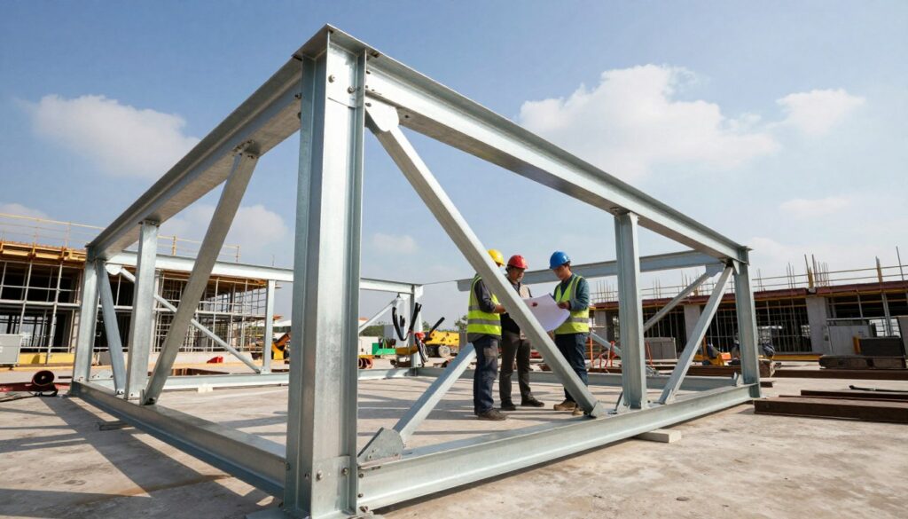 An industrial setting featuring a metallic framework being assembled, with a focus on a robust steel truss at the forefront, showcasing intricate welding and bolting details. In the middle ground, skilled workers in professional safety attire are collaborating, holding blueprints and using tools, emphasizing teamwork and precision. The background includes a partially constructed building, surrounded by construction equipment and scaffolding under a bright blue sky with soft clouds. The scene is illuminated by natural sunlight, casting dynamic shadows, creating a vibrant yet professional atmosphere. The camera angle captures a slight upward perspective, enhancing the imposing scale of the metallic structure, while conveying a sense of progress and innovation in modern construction techniques. Tarifs de pose d'une charpente métallique