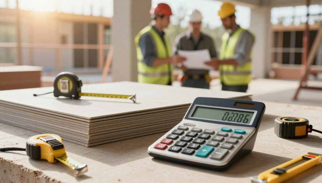 An informative, visually engaging scene illustrating the pricing for plasterboard installation per square meter in 2026. In the foreground, a sleek calculator with an illuminated display shows figures, symbolizing budgeting and costs. The middle ground features neatly stacked plasterboard sheets and professional tools like a tape measure and utility knife, emphasizing the installation process. In the background, a construction site is subtly out of focus, showcasing builders in professional attire discussing the project. The lighting is warm and inviting, mimicking mid-afternoon sunlight, creating a sense of optimism and professionalism. The atmosphere conveys reliability and expertise in the realm of construction costs. prix placo m2
