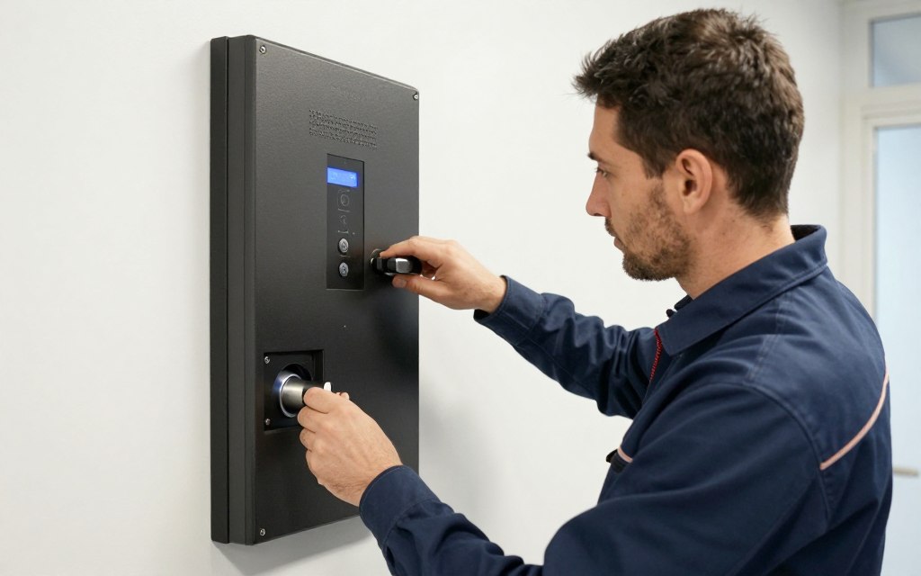 Technicien effectuant la maintenance d'un boîtier de sécurité